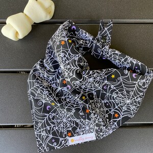 May include: Black bandana with a white spiderweb pattern and orange and purple stars. The bandana has a label that says "mostly sunny".