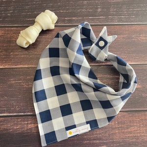 May include: A blue and white checkered bandana with a white button and a small yellow sun with the text "mostly sunny" on it.