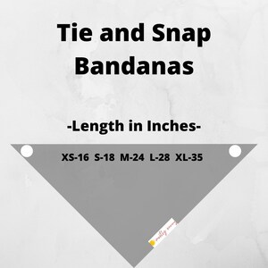 May include: Gray triangle bandana with white tie and snap closures. The bandana has a white circle on each corner. The text "Tie and Snap Bandanas" is at the top of the image. The text "Length in Inches" is below the title. The text "XS-16 S-18 M-24 L-28 XL-35" is below the text "Length in Inches".