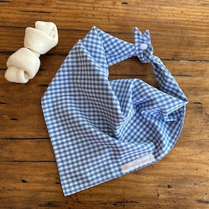 May include: Blue and white gingham dog bandana with a button closure. The bandana is folded and has a small tag that says "pretty sunny". A white dog treat is next to the bandana.