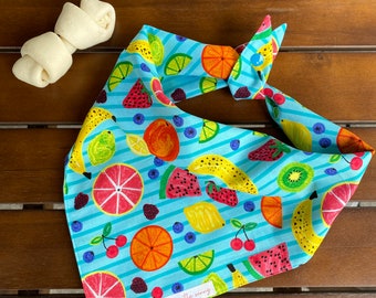 Fruit Dog Bandana, Fun Dog Bandana, Cute Dog Bandana, Fruit Salad, Watermelon, Banana, Berries, lemon lime, oranges, cherry, Fruit Salad