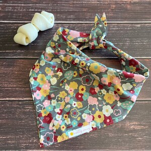 May include: A gray bandana with a floral pattern in shades of pink, yellow, red, and blue. The bandana has a snap closure and a small label that says "mostly sunny".