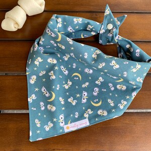 May include: A teal blue bandana with a repeating pattern of owl eyes, moons, and stars. The bandana has a white label with the text "mostly sunny" in orange.