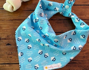May include: A light blue dog bandana with a white and blue pattern. The bandana has the text "It's my Gotcha Day!" repeated on it. The bandana is tied around a white bone-shaped chew toy.