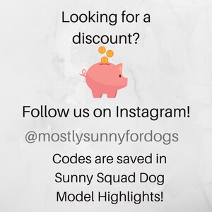 May include: A pink piggy bank with coins falling into the slot. Text reads: "Looking for a discount? Follow us on Instagram! @mostlysunnyfordogs Codes are saved in Sunny Squad Dog Model Highlights!"