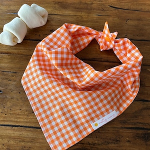 May include: Orange and white gingham dog bandana with a small yellow label that says "mostly sunny".
