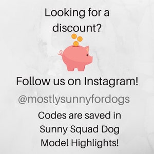 May include: A pink piggy bank with coins falling into the slot. Text reads: "Looking for a discount? Follow us on Instagram! @mostlysunnyfordogs Codes are saved in Sunny Squad Dog Model Highlights!"