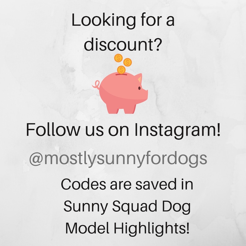 May include: A pink piggy bank with coins falling into the slot. Text reads: "Looking for a discount? Follow us on Instagram! @mostlysunnyfordogs Codes are saved in Sunny Squad Dog Model Highlights!"
