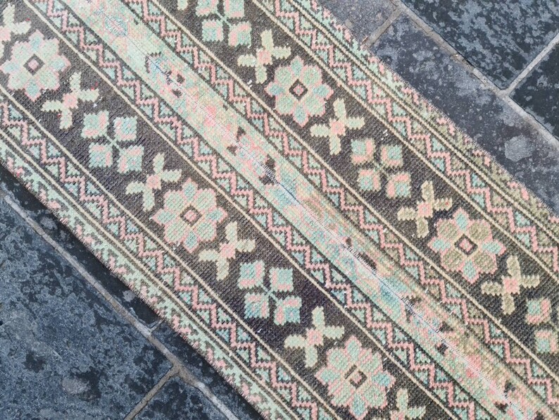 Deco Rug 1.9x11.4 ft Vintage Green Rug Woven Rug Runner Narrow Runner Rug Turkish Rug Extra Long Runner Rug Patchwork Rug