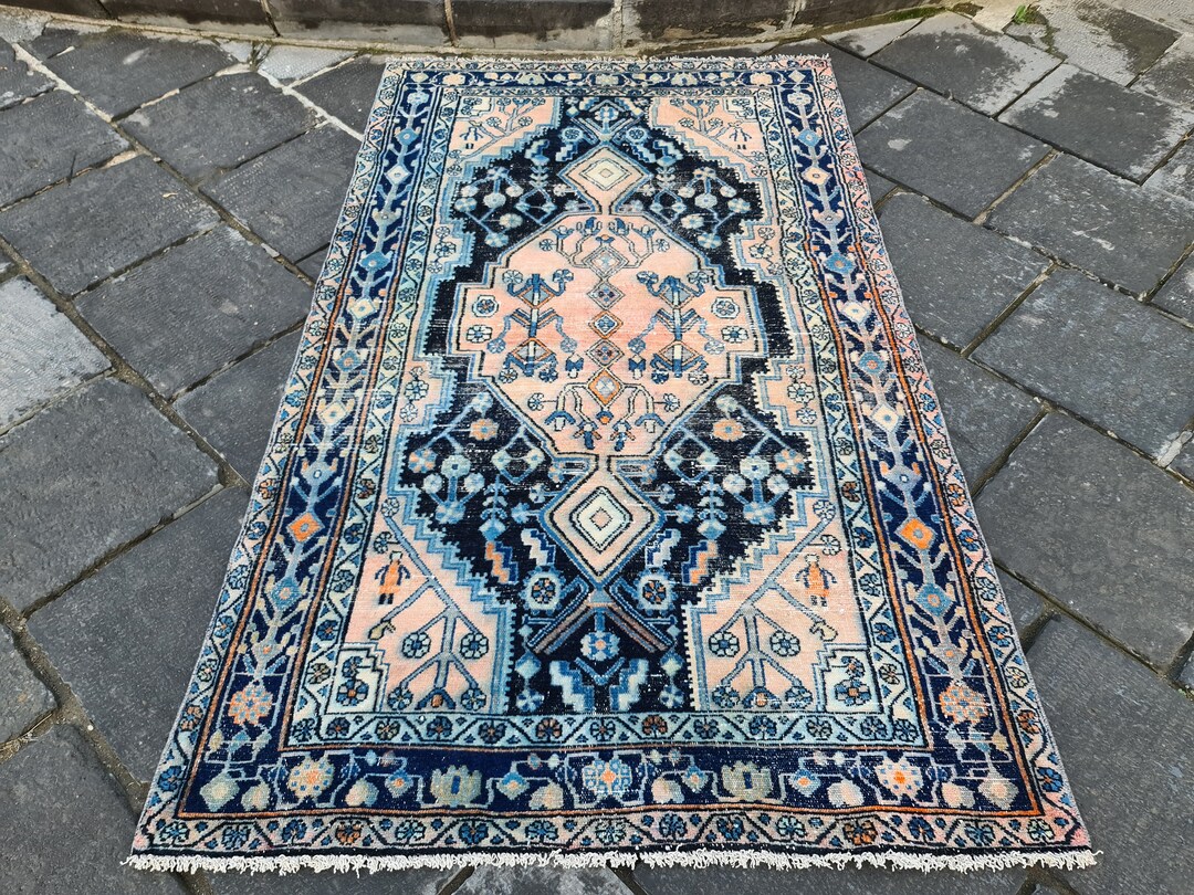 Navy Blue Area Rug Pink Oriental Rug Hand Knotted Turkish Etsy