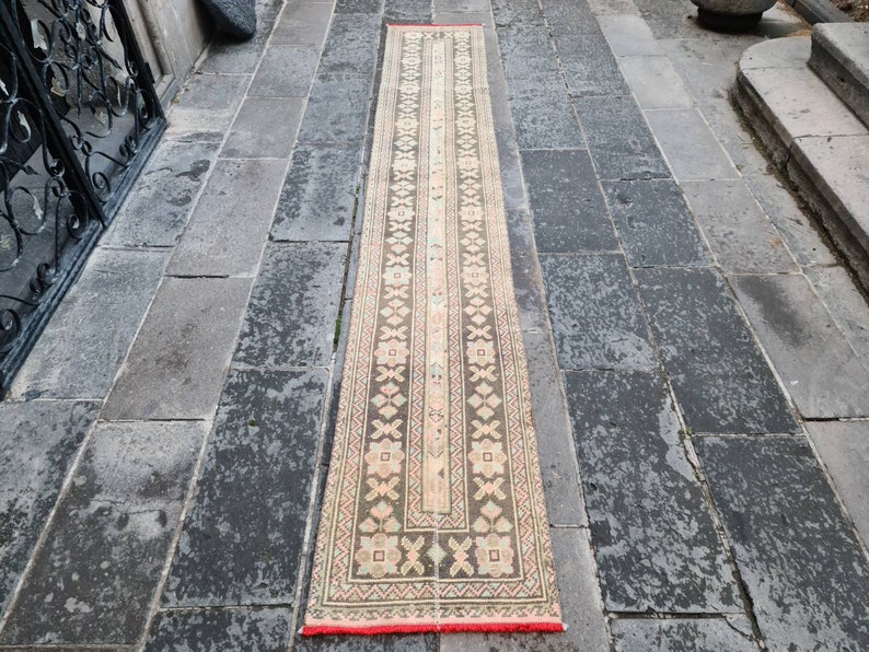 Deco Rug 1.9x11.4 ft Vintage Green Rug Woven Rug Runner Narrow Runner Rug Turkish Rug Extra Long Runner Rug Patchwork Rug