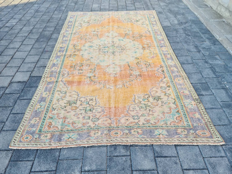 Area Rug Antique Oushak Carpet 6.2x10.5 ft Orange Purple Rug Vintage Rug Turkish Rug