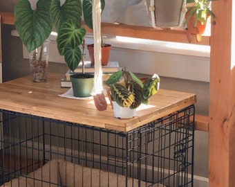 May include: A black metal dog crate with a wooden top. The crate is sitting on a wooden floor and has a brown and white patterned dog bed inside. There are several potted plants in the background.