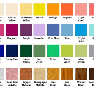 Color chart for custom laser cut logo signs, showing available acrylic and wood finishes including opaque white, black, and vibrant translucent colors like red, blue, and yellow, as well as metallic mirror finishes in gold, silver, and rose gold
