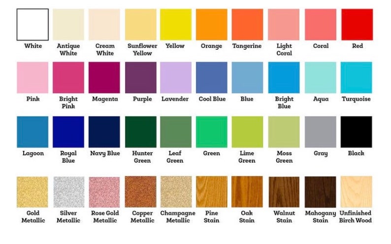 Color chart for custom laser cut logo signs, showing available acrylic and wood finishes including opaque white, black, and vibrant translucent colors like red, blue, and yellow, as well as metallic mirror finishes in gold, silver, and rose gold