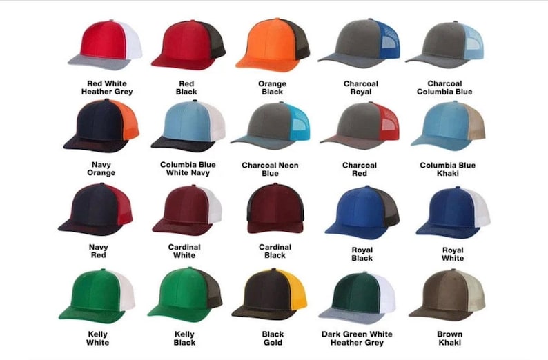 May include: A collection of trucker hats in various colors, including red, orange, blue, and green. Each hat features a mesh back and a solid front panel. The hats are displayed with color names like "Red White Heather Grey" and "Royal Black".