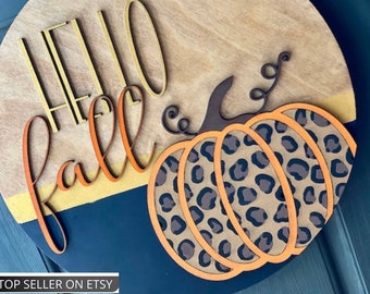 Hello Fall Door Hanger: Leopard Pumpkin, 3D Wood Sign