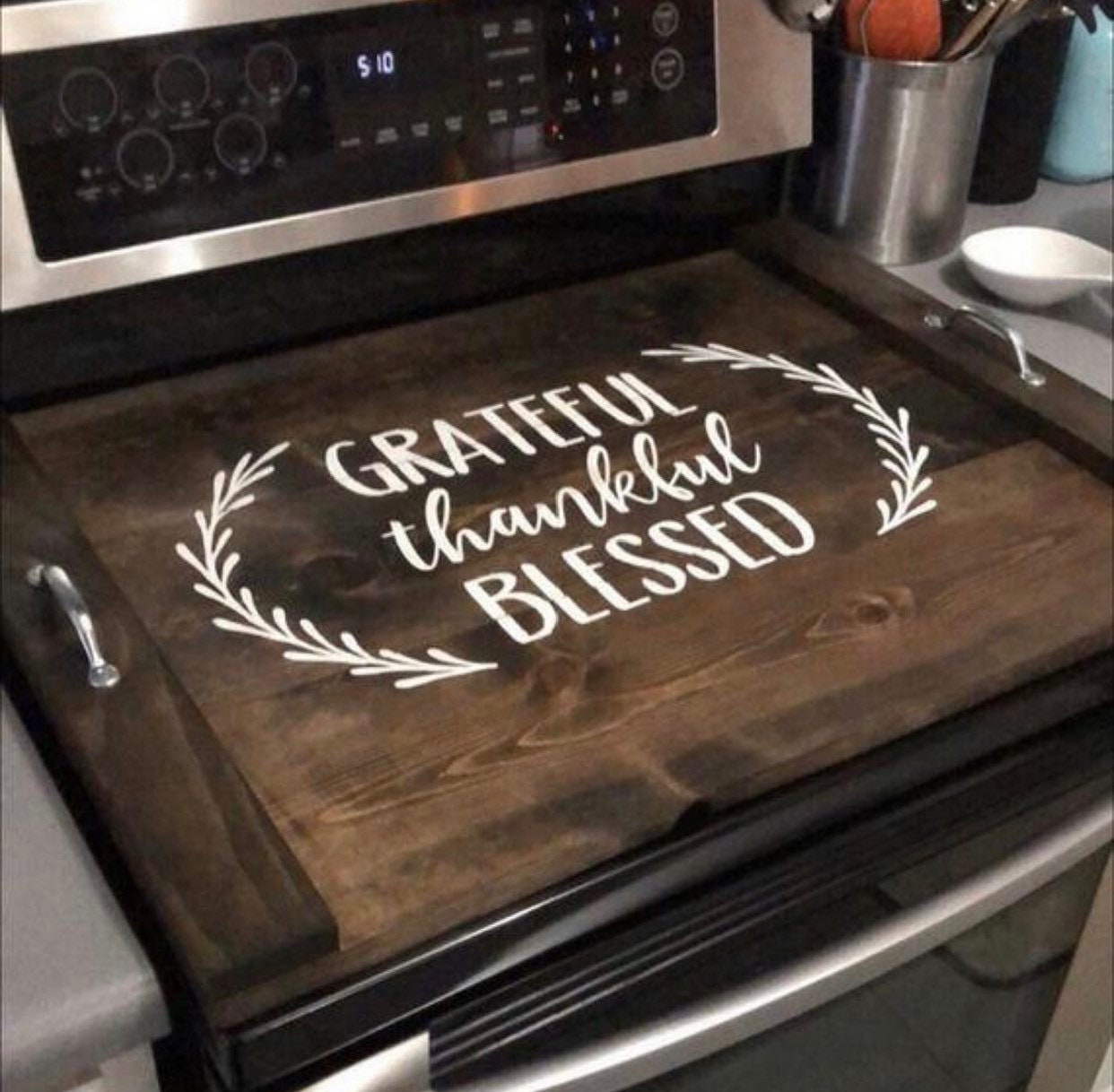 Grateful Thankful And Blessed Wood Engraved Noodle Board - Stove Cover -  Sink Cover - With Handles - Gas or Electric Stove NB-G2