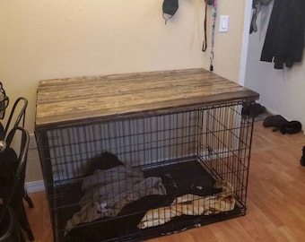 Mesa para jaula de perro estilo granja: cubierta de madera para perrera