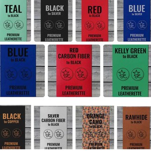 May include: A collection of rectangular tags in various colors, each with the text "to BLACK" and a different color name, such as "TEAL," "RED," and "BLUE." Each tag also features the words "PREMIUM LEATHERETTE."