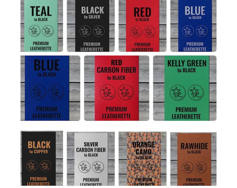 May include: A collection of rectangular tags in various colors, each with the text "to BLACK" and a different color name, such as "TEAL," "RED," and "BLUE." Each tag also features the words "PREMIUM LEATHERETTE."