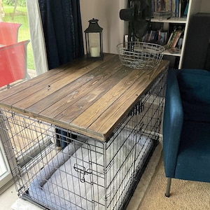 Eclectic dog crate furniture with a retro twist. Antique dog crate top made of weathered wood. Handcrafted and stylish design. Vintage charm