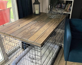 Farmhouse Dog Crate Topper: Weathered Wood Kennel Table