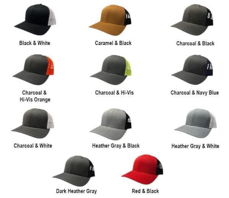 May include: A collection of trucker hats in various colors, including black and white, caramel and black, charcoal and black, charcoal and hi-vis orange, charcoal and hi-vis, charcoal and navy blue, charcoal and white, heather gray and black, heather gray and white, dark heather gray, and red and black.