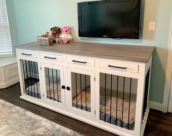 Farmhouse Double Dog Kennel TV Stand: Rustic Entertainment Center