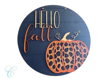 Hello Fall Door Hanger: Leopard Pumpkin, 3D Wood Sign