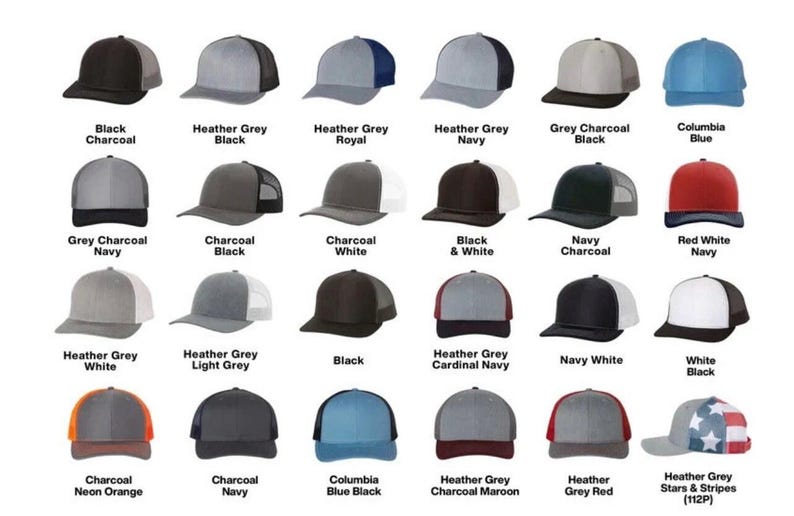 May include: A collection of baseball caps in various colors, including black, grey, navy, and red. Each cap features a mesh back and a curved brim. The image displays the different color options available, with text labels identifying each color combination.