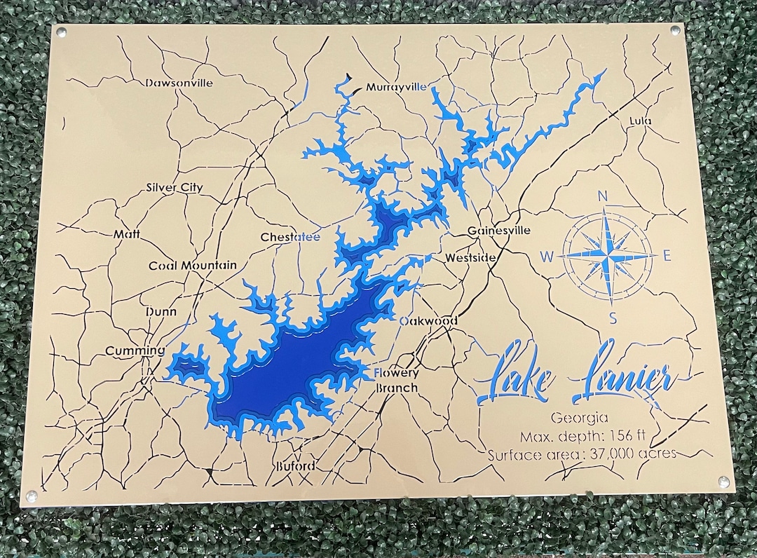 Lake Lanier Custom Metal Map Art 3D Wall Art Contour Map Lake House Decor Lake Map Depth Map