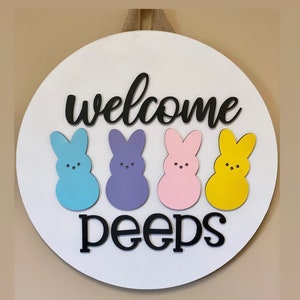 Welcome Peeps Easter Door Hanger: 3D Wood Round Sign Labor Day Sale