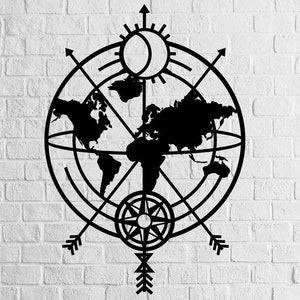 Weltkarte Kompass, Büro Wand Dekor, Kompass Wand Dekor, Weltkarte Kunst, Outdoor Kompass Kunst, Karte, Wandbehang, Wand Kunst Geschenk