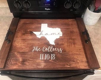 Personalized Rustic Wood Stove Top Cover - Kitchen Decor