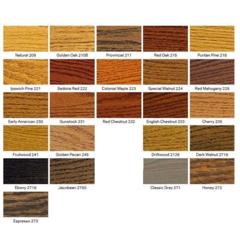May include: A chart displaying 16 different wood stain colours, each with a name and number. The colours range from light to dark, with shades of brown, red, and grey.