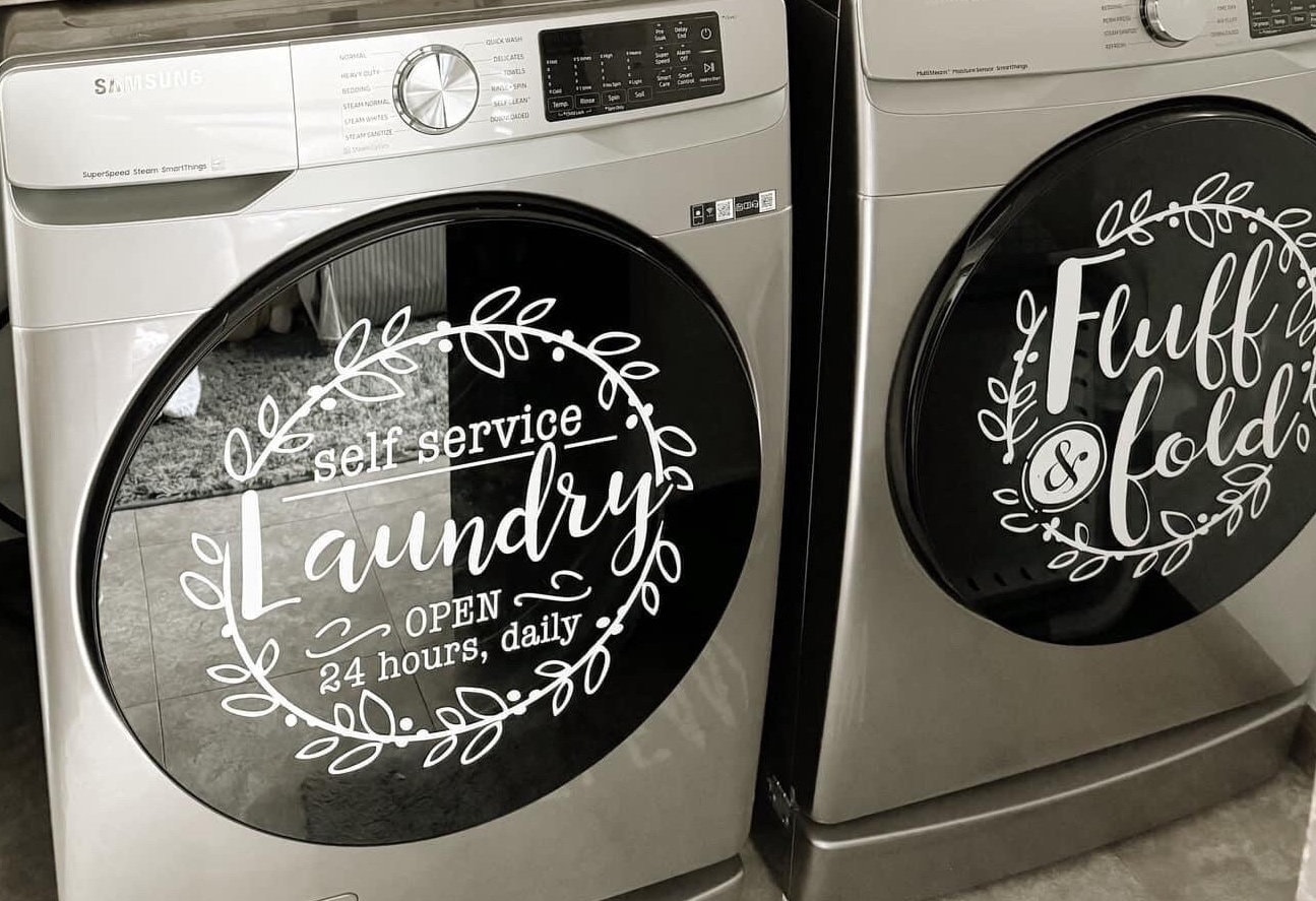 Lavandería de autoservicio, esponjar y doblar, calcomanías para
