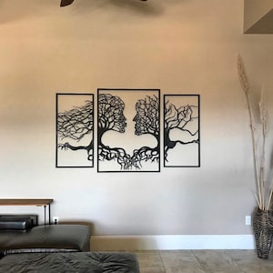 Tree of Life Metal Wall Art – Large 3-Panel Nature-Inspired Wall Hanging, Handmade Metal and Wood Decor for Living Room & Office
