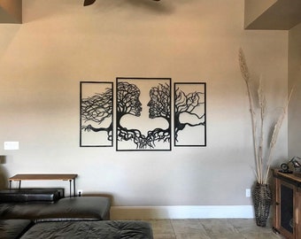 Tree of Life Metal Wall Art – Large 3-Panel Nature-Inspired Wall Hanging, Handmade Metal and Wood Decor for Living Room & Office