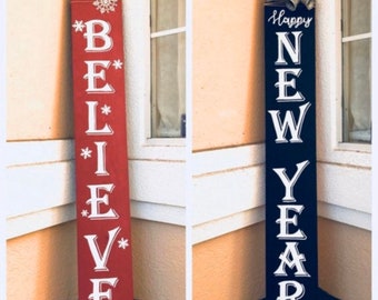 Reversible Holiday Wood Porch Sign: Believe, Happy New Year