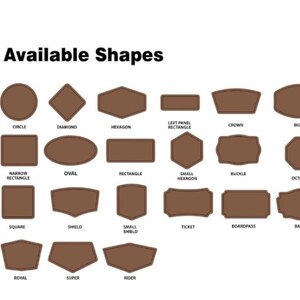 May include: A graphic showing various brown shapes with white outlines, including circles, diamonds, hexagons, and rectangles. The text "Available Shapes" is at the top. The shapes are labeled with their names.