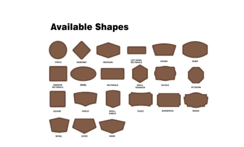 May include: A graphic showing various brown shapes with white outlines, including circles, diamonds, hexagons, and rectangles. The text "Available Shapes" is at the top. The shapes are labeled with their names.