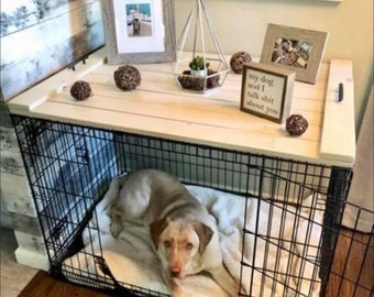 Farmhouse Dog Crate Table Top: Wood Kennel Cover