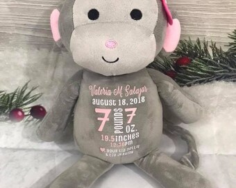Personalized Plush Monkey | Birth Announcement | Baby Shower Gifts | Nursery Decor | First Birthday Gift
