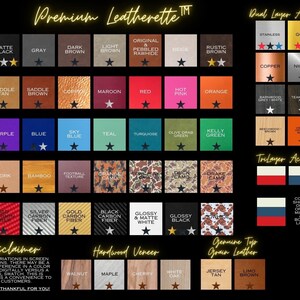 May include: A product color chart featuring various material swatches, including matte black, gray, and dark brown. The chart also displays dual and tri-layer acrylic options, hardwood veneer, and genuine top-grain leather samples. Text at the top reads "Premium Leatherette".