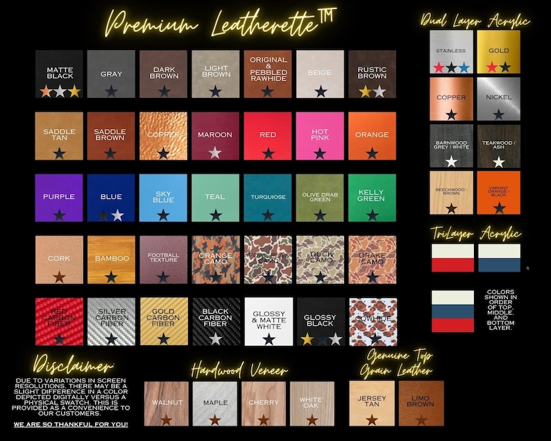 May include: A product color chart featuring various material swatches, including matte black, gray, and dark brown. The chart also displays dual and tri-layer acrylic options, hardwood veneer, and genuine top-grain leather samples. Text at the top reads "Premium Leatherette".