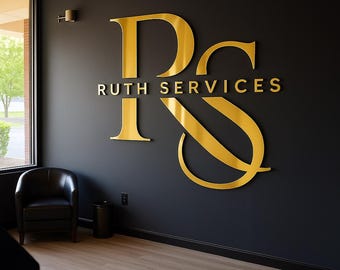 May include: Gold-colored "RS" logo with "RUTH SERVICES" text on a dark gray wall. The logo is in a modern, sans-serif font. A black chair and trash can are in the corner of the room. The floor is light brown.