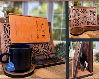 Wooden Book Valet Tray, Wood Nightstand Book Page Holder, Gift for Book Lovers, Unique Book Nook, Gift for Mom, Birthday Gift, Tablet Ipad