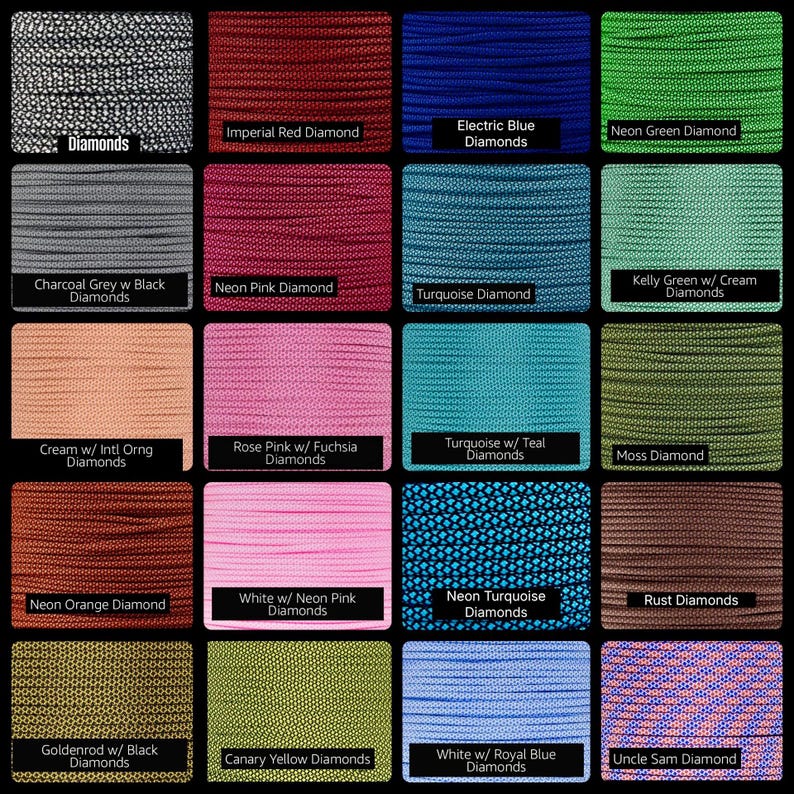 Pu&ograve; includere: Una griglia di venti campioni rettangolari che mostrano vari colori e motivi di paracord. Ogni campione &egrave; etichettato con testo che include Diamonds, Imperial Red, Electric Blue, Neon Green, Charcoal Grey, Neon Pink, Turquoise, Kelly Green, Cream, Rose Pink, Moss, Neon Orange, White, Rust, Goldenrod, Canary Yellow e Uncle Sam.
