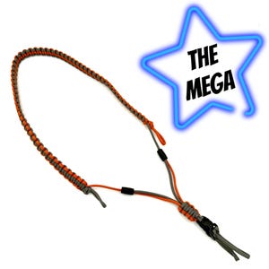 May include: An orange and gray braided lanyard with a black buckle. The lanyard is made of a durable, woven material. The text "THE MEGA" is in a blue star-shaped graphic.